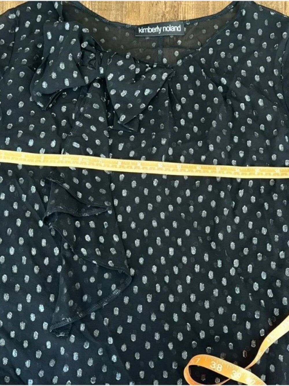 Black Bow Blouse XS | Metallic Polka Dot Ruffle Workwear Top - Picture 6 of 7